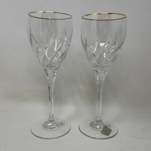 Mikasa Slovenia Park Lane Gold Crystal Swirl Wine Glasses Set of 2 Gold Rim 9"